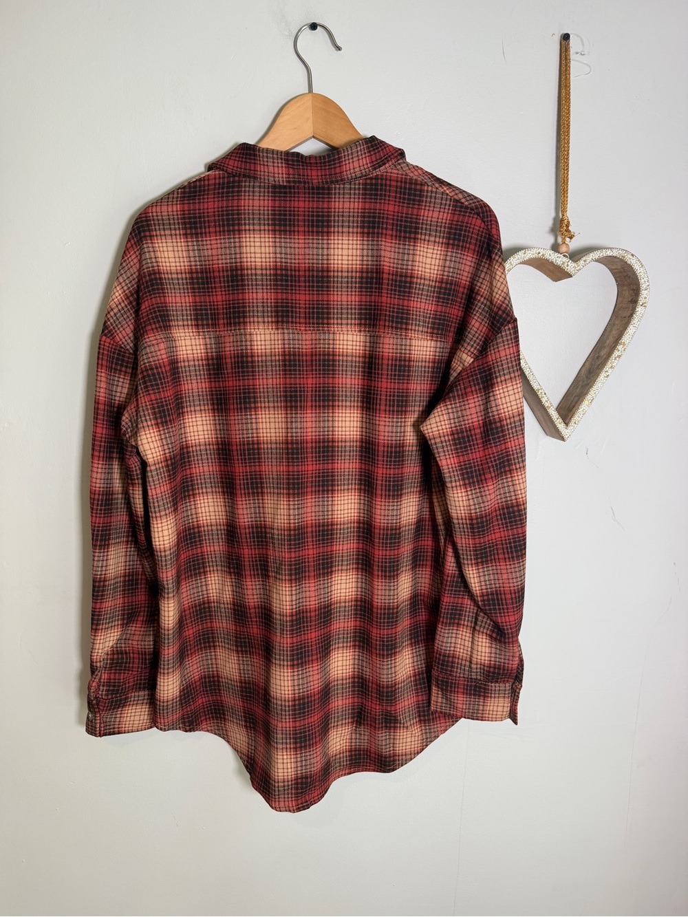 Full Zip Plaid Flannel Shirt Long Sleeve Red Brown Shacket Oversized Top Sz Larg - Picture 4 of 11